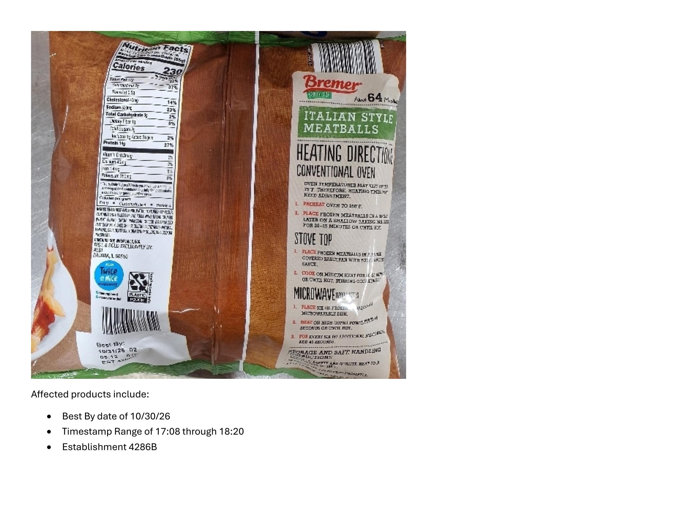 Product label for Rosina Recalls Meatballs for Potential Metal Contamination (page 2)
