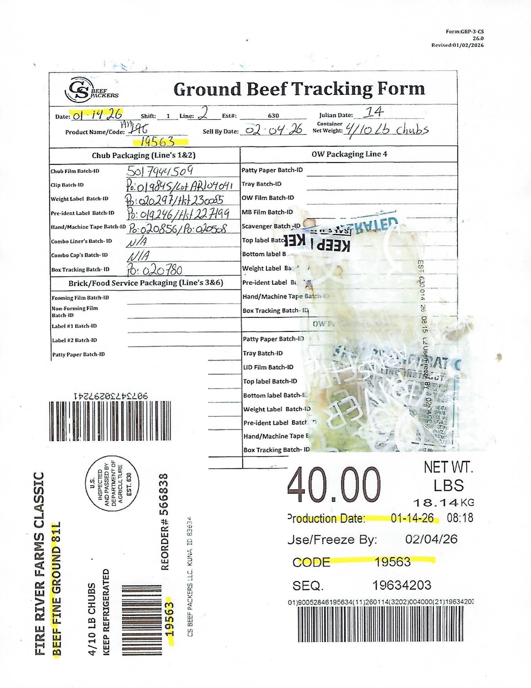 Product label for CS Beef Packers Recalls Ground Beef for E. coli Risk (page 6)