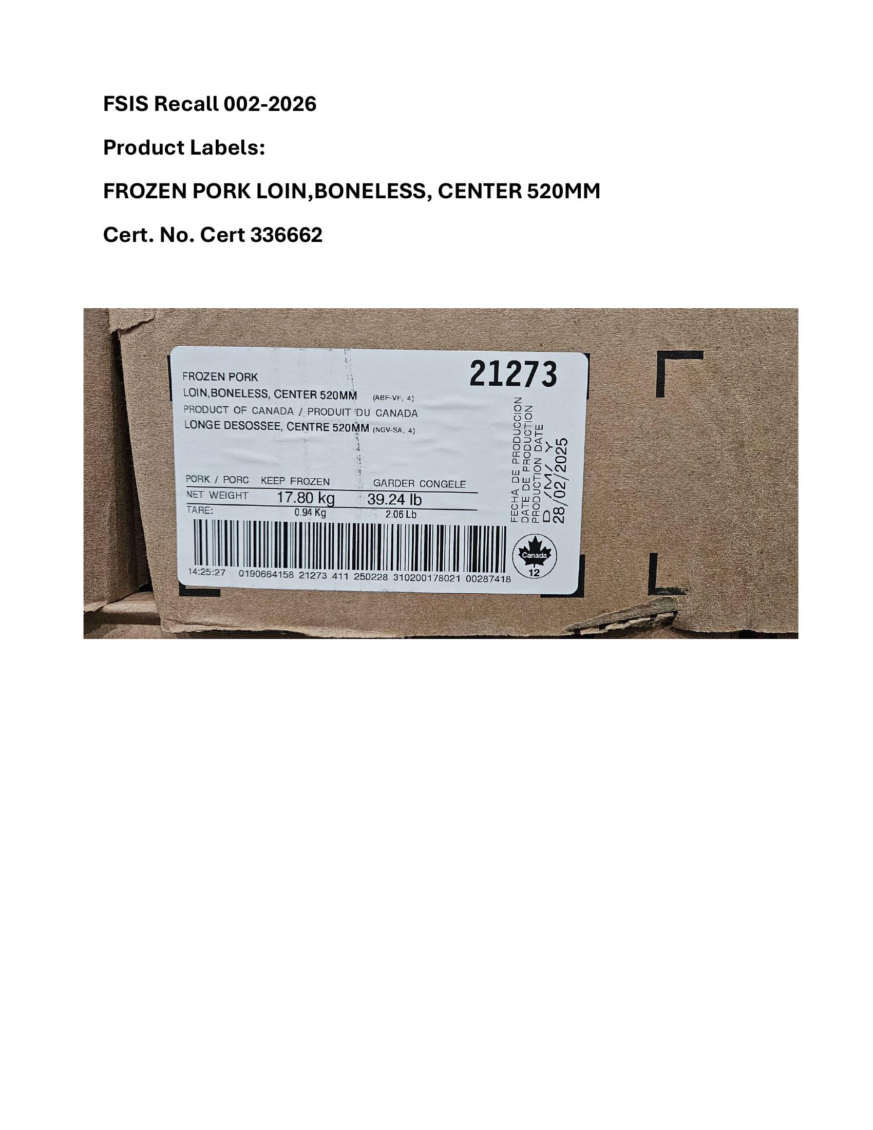 Recall of Frozen Pork Loins for Import Reinspection Issue