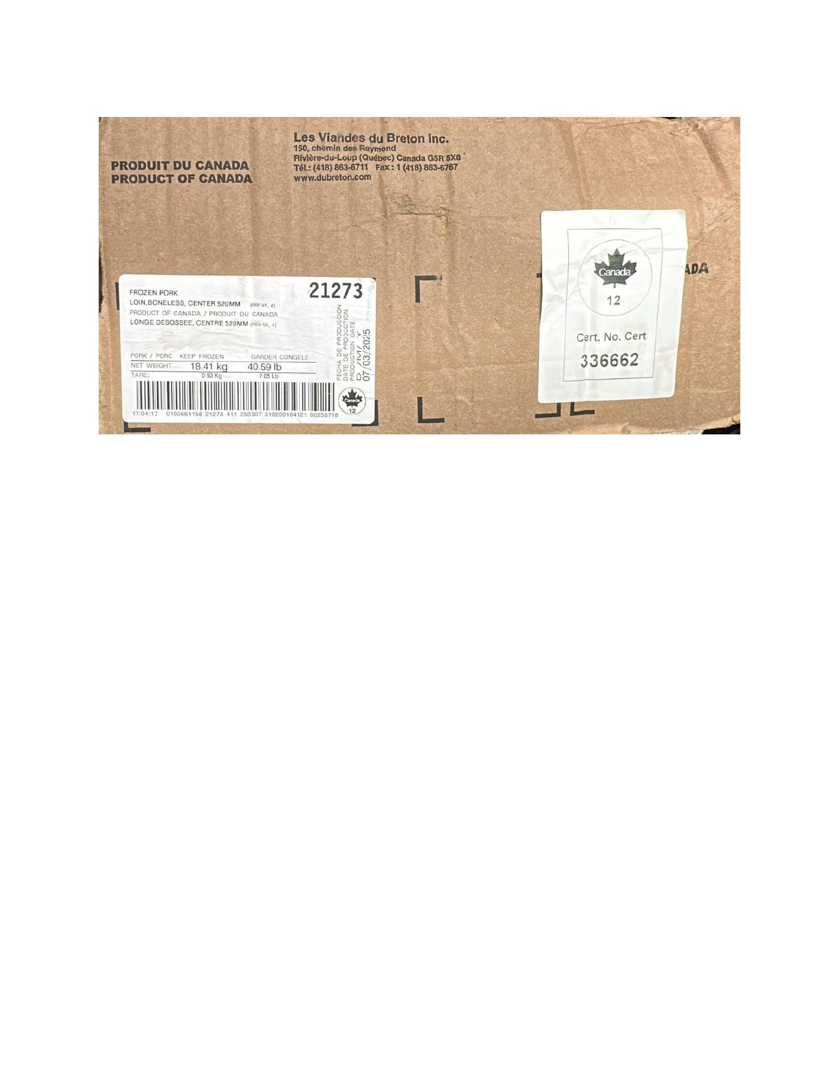 Product label for Recall of Frozen Pork Loins for Import Reinspection Issue (page 2)