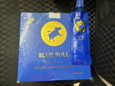 Image of single tube and outer packaging, Blue Bull Male Enhancement Supplement, UPC Code 707443349917