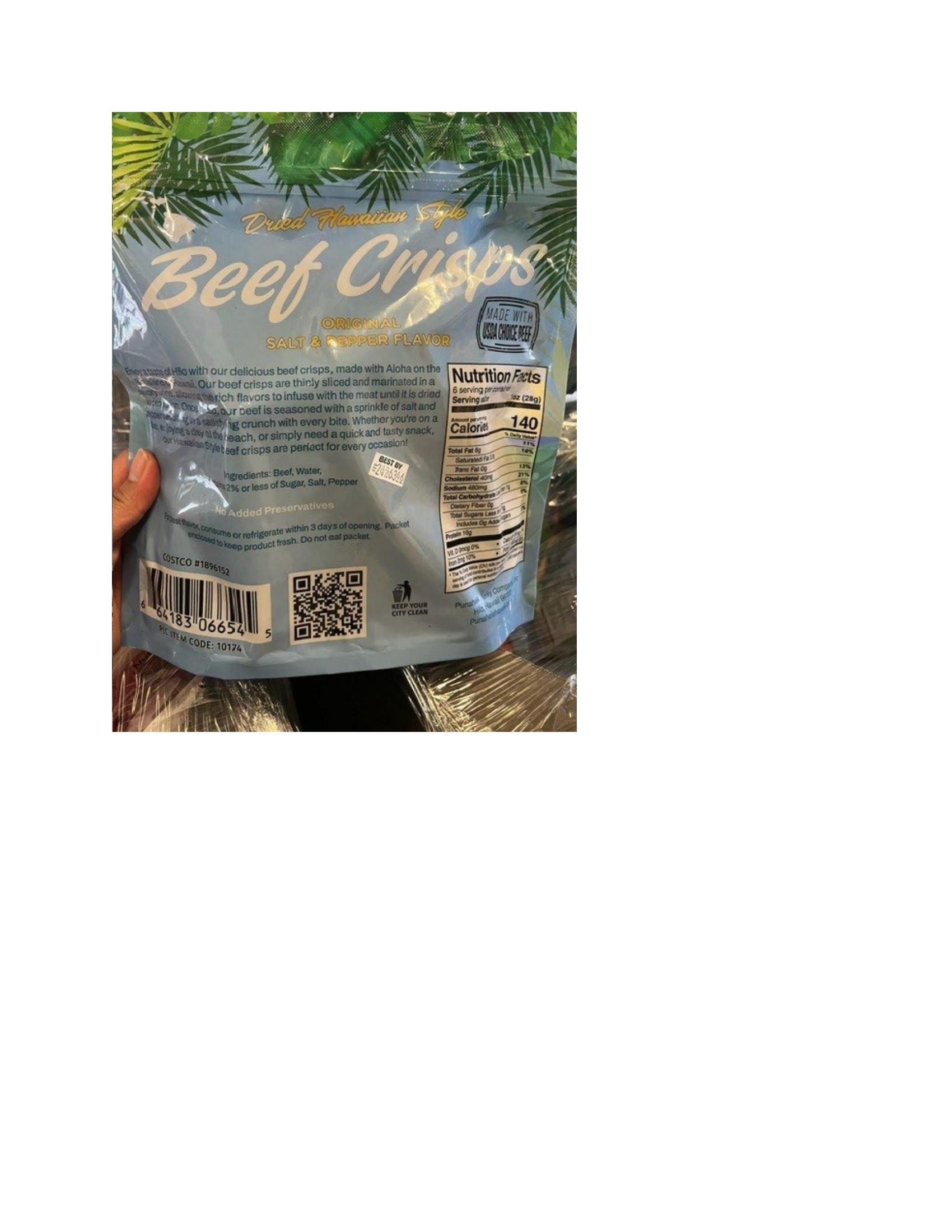 Product label for 6-oz. plastic packages containing "DRIED HAWAIIAN STYLE BEEF CRISPS, ORIGINAL SALT &amp;amp; PEPPER FLAVOR", and bearing establishment number "EST. 2625" inside the USDA mark of inspection., 4-oz. plastic packages containing "PUNAHELE JERKY COMPANY INC UNCLE K'S BEEF CRISPS"., 4-oz. plastic packages containing "PUNAHELE JERKY COMPANY INC KILAUEA FIRE SPICY BEEF CRISPS". (page 2)