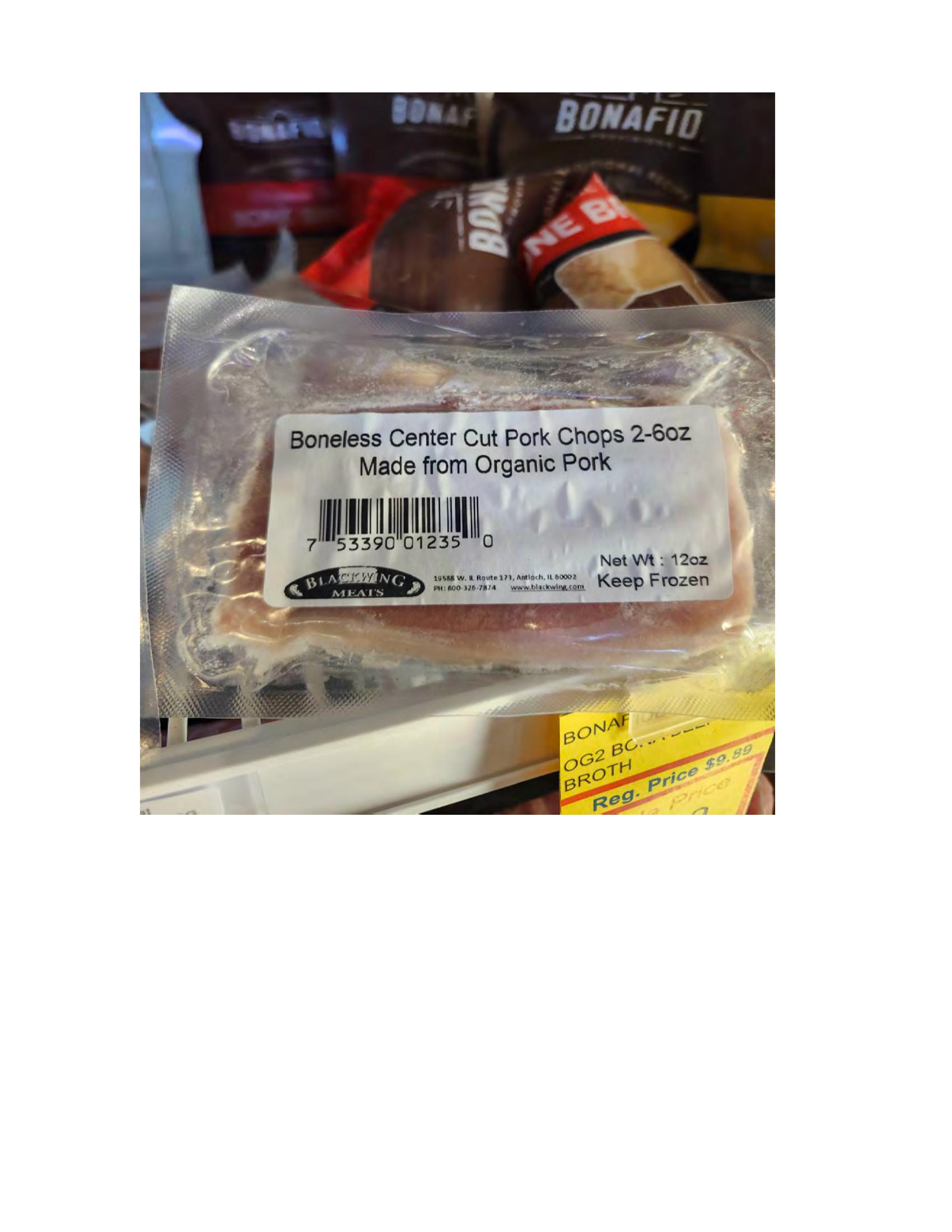 Product label for 5-lb. box of 8-oz. packages containing a VACUUM-PACKED piece of "BLACKWING ORGANIC MEATS ORGANIC BEEF NEW YORK STRIP STEAK," with "EST. 1996" inside the USDA mark of inspection., 10-lb. box of 16-oz. packages containing a VACUUM-PACKED package of "BLACKWING ORGANIC MEATS ORGANIC GROUND BEEF.", 5-lb. box of 8-oz. packages containing a VACUUM-PACKED package of "BLACKWING ORGANIC MEATS GRASS FED ORGANIC BEEF STEW MEAT," with "EST. 1996" inside the USDA mark of inspection., 5-lb. box of 8-oz. packages containing a VACUUM-PACKED piece of "BLACKWING ORGANIC MEATS ORGANIC BEEF STEAK STRIPS," with "EST. 1996" inside the USDA mark of inspection., 1-lb. VACUUM-PACKED package of "BLACKWING MEATS BLACKWING BEEF GROUND FROM ORGANIC BEEF," without USDA mark of inspection., 12-oz. VACUUM-PACKED package of "BLACKWING MEATS PORK GROUND MADE FROM ORGANIC PORK," without USDA mark of inspection., 12-oz. VACUUM-PACKED package of "BLACKWING MEATS Boneless Center Cut Pork Chops 2-6oz Made from Organic Pork," without the USDA mark of inspection. (page 3)