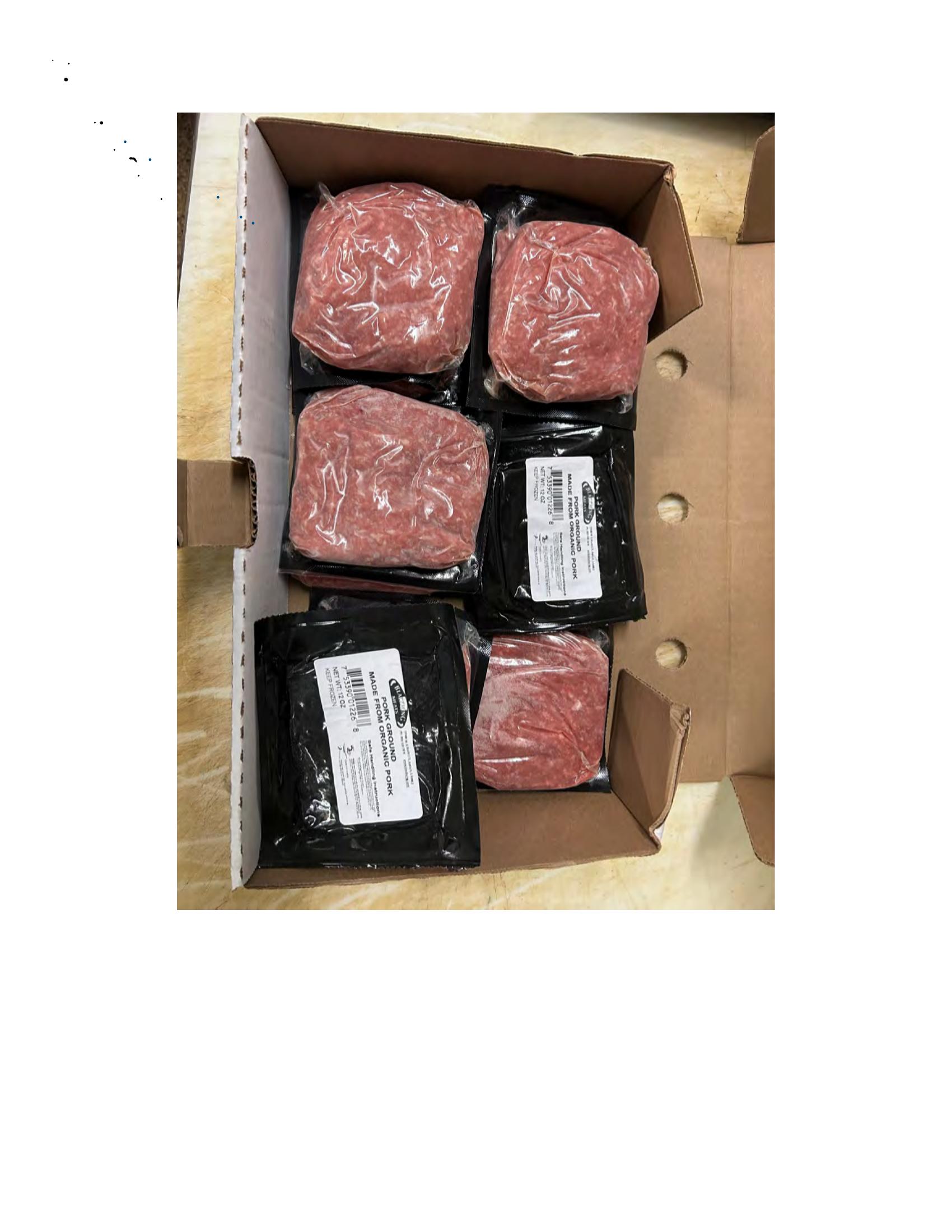 Product label for 5-lb. box of 8-oz. packages containing a VACUUM-PACKED piece of "BLACKWING ORGANIC MEATS ORGANIC BEEF NEW YORK STRIP STEAK," with "EST. 1996" inside the USDA mark of inspection., 10-lb. box of 16-oz. packages containing a VACUUM-PACKED package of "BLACKWING ORGANIC MEATS ORGANIC GROUND BEEF.", 5-lb. box of 8-oz. packages containing a VACUUM-PACKED package of "BLACKWING ORGANIC MEATS GRASS FED ORGANIC BEEF STEW MEAT," with "EST. 1996" inside the USDA mark of inspection., 5-lb. box of 8-oz. packages containing a VACUUM-PACKED piece of "BLACKWING ORGANIC MEATS ORGANIC BEEF STEAK STRIPS," with "EST. 1996" inside the USDA mark of inspection., 1-lb. VACUUM-PACKED package of "BLACKWING MEATS BLACKWING BEEF GROUND FROM ORGANIC BEEF," without USDA mark of inspection., 12-oz. VACUUM-PACKED package of "BLACKWING MEATS PORK GROUND MADE FROM ORGANIC PORK," without USDA mark of inspection., 12-oz. VACUUM-PACKED package of "BLACKWING MEATS Boneless Center Cut Pork Chops 2-6oz Made from Organic Pork," without the USDA mark of inspection. (page 4)