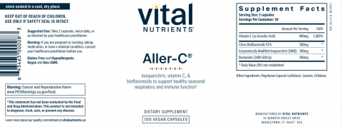 Image of complete label, Vital Nutrients Aller-C Dietary Supplement 100 Vegan Capsules, UPC 693465000083