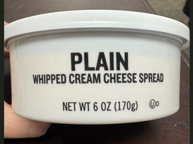 Image of label on tub, Plain Whipped Cream Cheese Spread NET WT 6 OZ (170g)