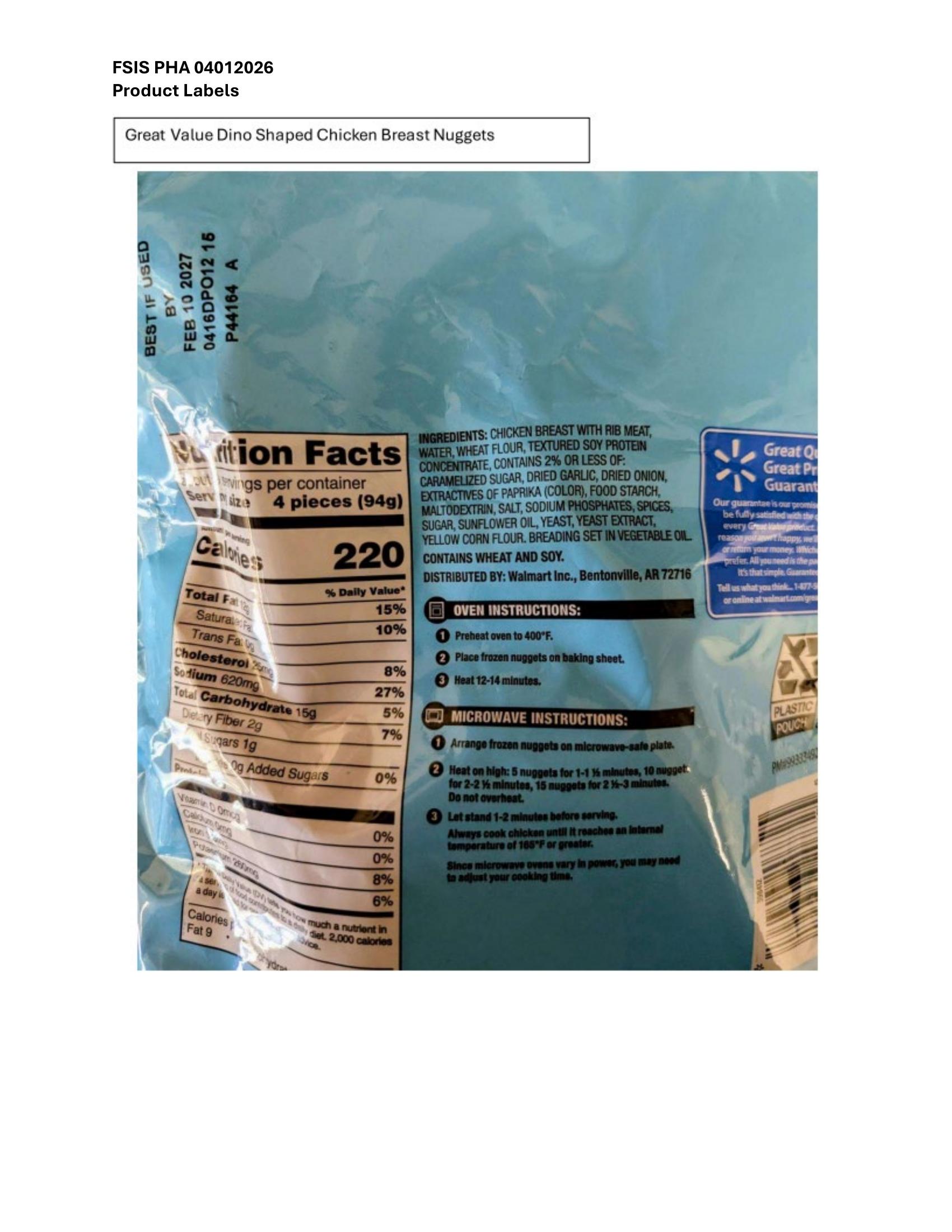 Product label for 29-oz. plastic bags containing approx. 36 “GREAT VALUE FULLY COOKED DINO SHAPED CHICKEN BREAST NUGGETS” with “BEST IF USED BY” date “FEB 10 2027,” lot code” 0416DPO1215,” and establishment number “P44164” printed on the back of the bag. (page 2)