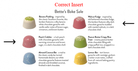 Correct image of insert (tasting notes) showing correct identification of Walnut Fudge and Peach Cobbler bonbons