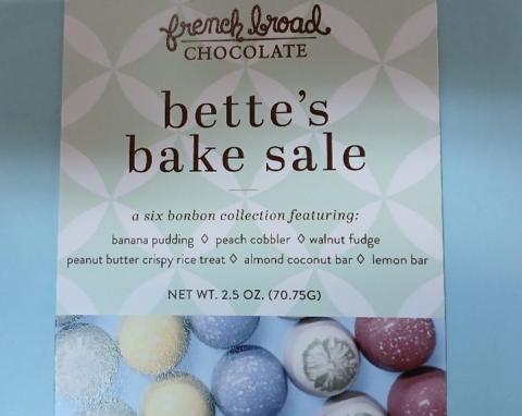 Image of product packaging, French Broad Chocolate Bette’s Bake Sale, six bonbon collection, NET WT. 2.5 OZ.