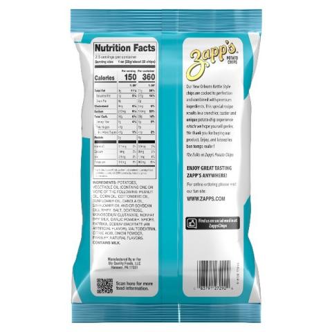 2.5 oz Zapp’s Bayou Blackened Ranch Potato Chips, back label