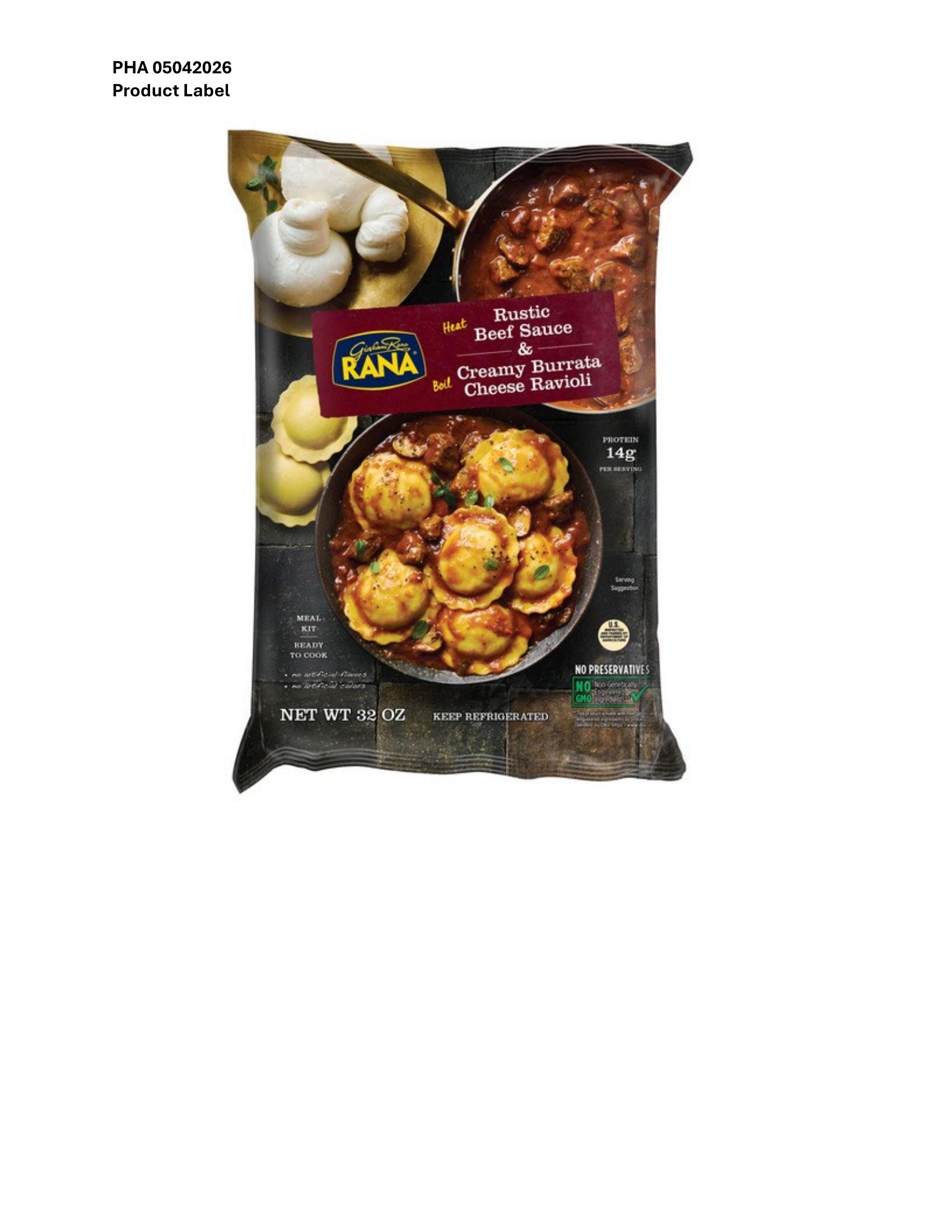 Product label for • 32-oz. plastic bag packages containing “Giovanni Rana RANA Rustic Beef Sauce & Creamy Burrata Cheese Ravioli” with “use by” dates ranging 05/14/2026 – 06/25/2026 (page 1)