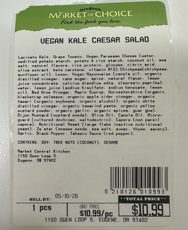 Image of scale label, Market of Choice Vegan Kale Caesar Salad, UPC 0 210126 01099 3