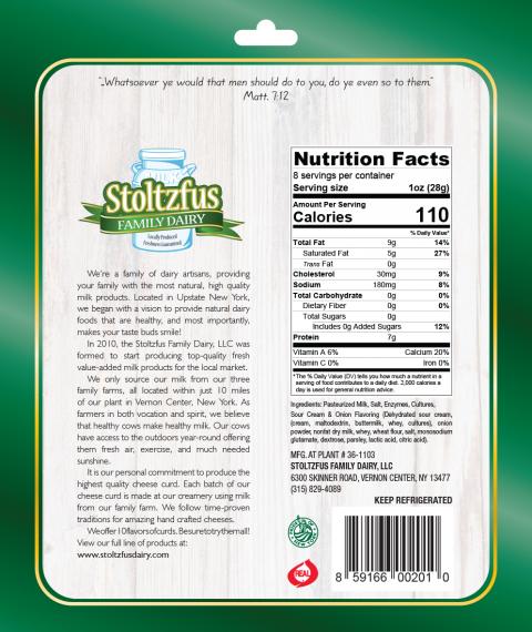 Stoltzfus Family Dairy Fresh Cheese Curds Sour Cream & Onion, NET WT. 8 OZ. (227 g), back of package