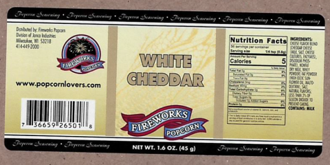 Label, Fireworks Popcorn White Cheddar Popcorn Seasoning, Net Wt. 1.6 oz.