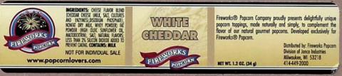 Label, Fireworks Popcorn White Cheddar Popcorn Seasoning, Net Wt. 1.2 oz.