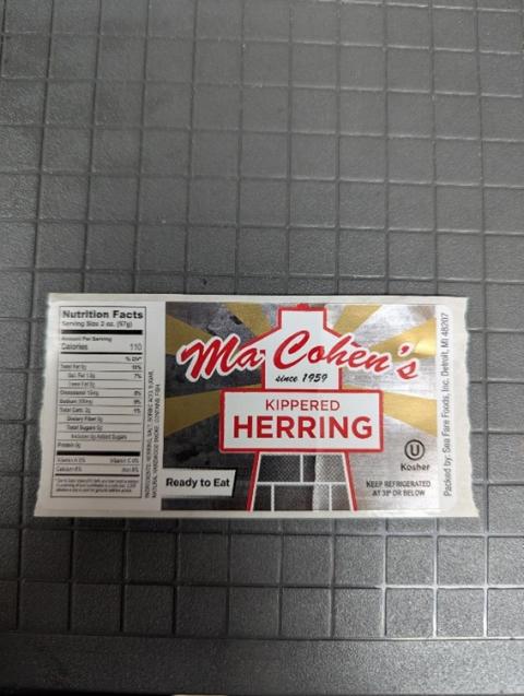 Ma Cohen’s Kippered Herring" smoked fish, label example