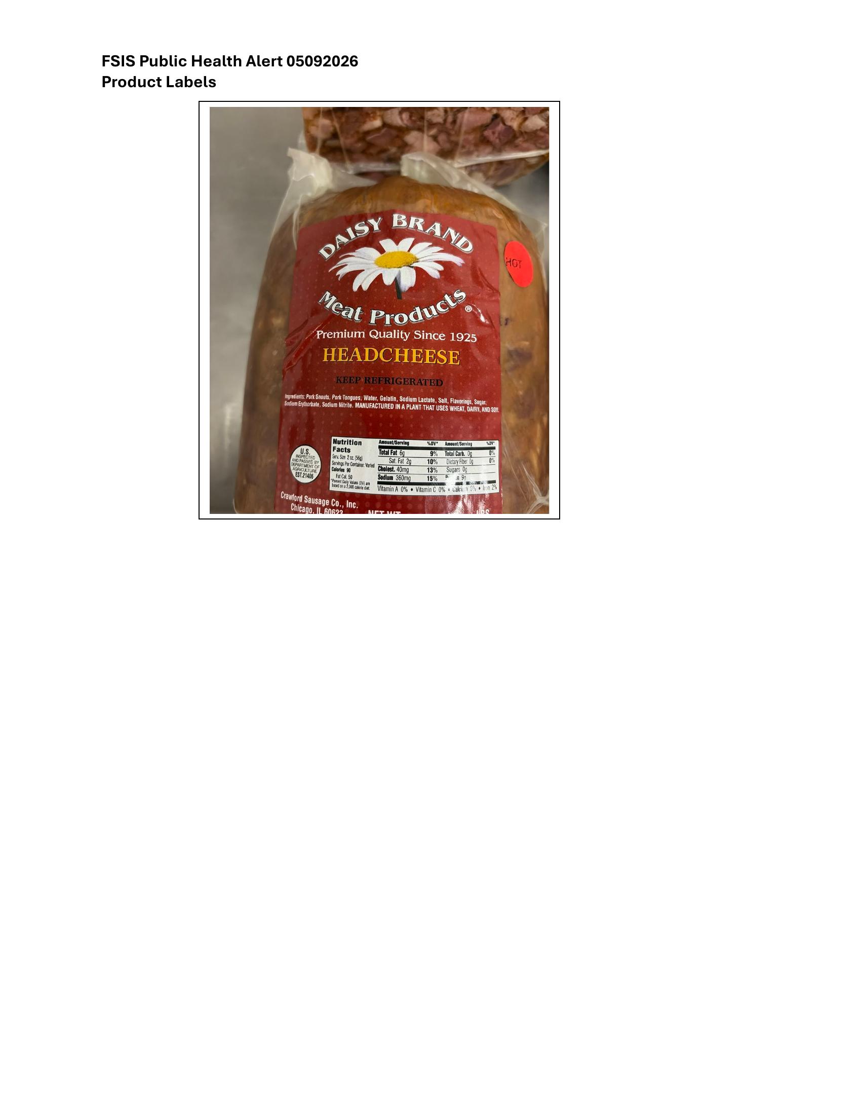 Product label for Various weight packages packed or sliced in retail delis, containing “DAISY BRAND Meat Products HEADCHEESE,” with a “USE BY” date of “MAR 26 2026.” , Various weight packages packed or sliced in retail delis, containing “DAISY BRAND Meat Products HEADCHEESE,” with a red sticker indicating “HOT” and a “USE BY” date of “MAR 26 2026.” (page 2)