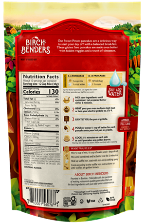 Back label panel of Birch Benders Complete Pancake & Waffle Mix, 12 oz.