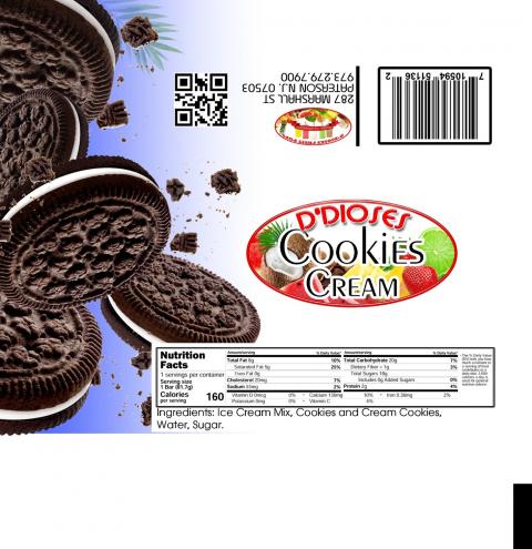 Image of fruit pop label, D’Dioses COOKIES AND CREAM
