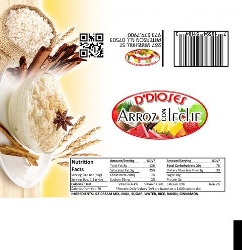 Image of fruit pop label, D’Dioses ARROZ CON LECHE