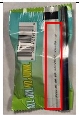 Individual Bite Package, Skinny Dipped Dark Chocolate Coconut Almond Bites, example lot code and best by date