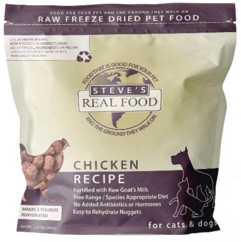 Front product label panel for Steve’s Real Food Chicken Recipe Raw Freeze Dried Pet Food 1.25 oz. bag