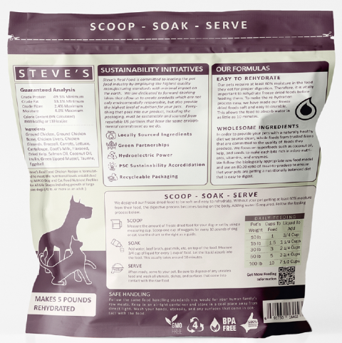 Back product label panel for Steve’s Real Food Chicken Recipe Raw Freeze Dried Pet Food 1.25 oz. bag