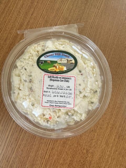 Photograph of Clover Hill Dairy Soft Ricotta with Jalepeno’s (Requeson Con Chile) in clam shell, 2.5 lbs