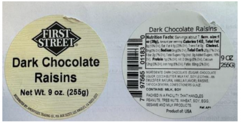 Photograph of both Top and Bottom Labels First Street Dark Chocolate Raisins – 9 oz (255g)