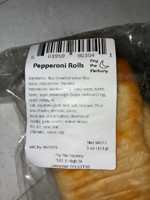 “Front of Package, Fry Pie Factory Pepperoni Rolls, 5 oz”