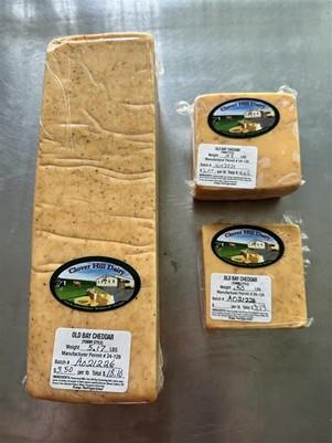 Front Labels of Clover Hill Dairy Old Bay Cheddar Sizes 5lb, 1lb and 1/2lb