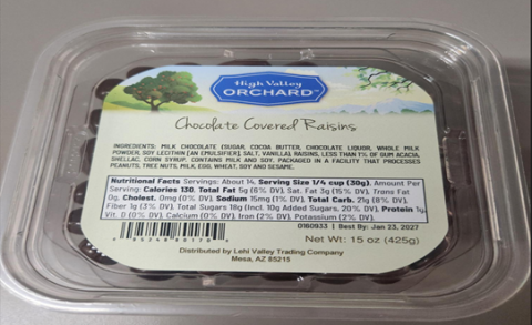 Image of High Valley Orchard Chocolate Covered Raisins, Net Wt 15 oz, lot 0160933, best by Jan 23, 2027