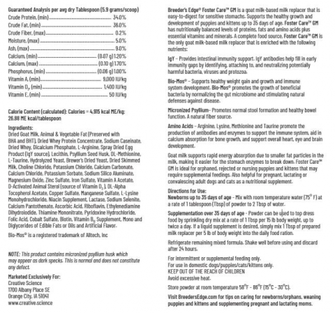 Image of nutrient label, Breeder’s Edge Foster Care GM Enriched Goat Milk Formula, Net Contents 1 lb