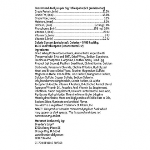 Image of nutrient label, Breeder’s Edge Foster Care GM Enriched Goat Milk Formula