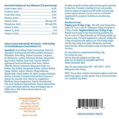 Image of nutrient label, Shelter’s Choice Milk Replacer Puppies