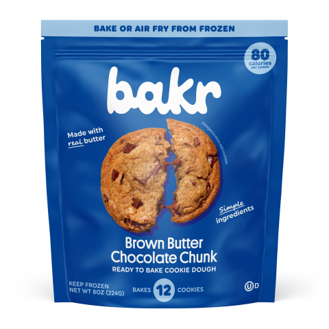 Image of front pouch label, bakr Brown Butter Chocolate Chunk Ready to Baek Cookie Dough, Bakes 12 Cookies, Net Wt 8 oz (224g)