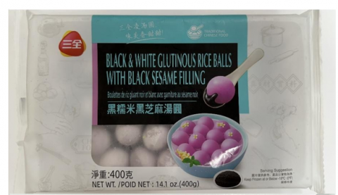 Black & White Glutinous Rice balls With Black Sesame Filling; Net Wt. 14.1 oz (front packaging)