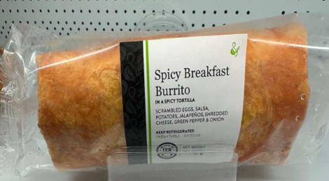 Front of package label for Sprig & Sprout Spicy Breakfast Burrito, 8.3 oz (234g), UPC 1 00001 00029 7, with Fresh Thru date of 07/20/26.