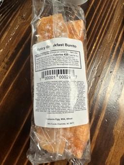 Back of package label for Sprig & Sprout Spicy Breakfast Burrito, 8.3 oz (234g), UPC 1 00001 00029 7