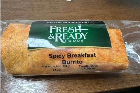 Front of package label for Fresh and Ready Spicy Breakfast Burrito, 8.2 oz (232g), UPC 1 00001 00029 7, with Fresh Thru date of 07/20/26