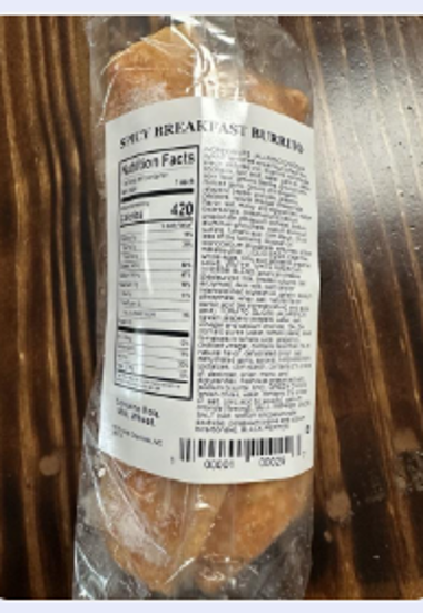 Back of package label for Fresh and Ready Spicy Breakfast Burrito, 8.2 oz (232g), UPC 1 00001 00029 7