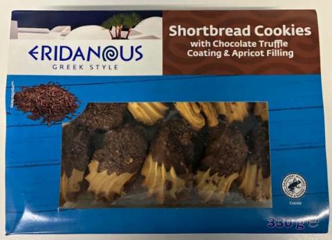 Box of Eridanous Shortbread Cookies with Chocolate Truffle Coating & Apricot Filling, 11.6 oz (330 g), UPC 4056489125839, subject to recall by Lidl US due to undeclared wheat, soy, milk, and egg allergens.