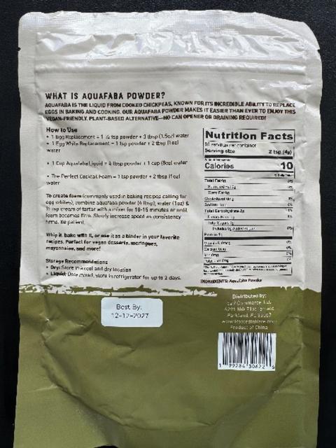 Back of package, Rooted in RARE Aquafaba Powder package
