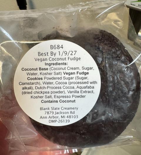 Vegan Non-Dairy Frozen Dessert Coconut Fudge Sandwiches, Best By Date 1/9/2027 , Back label example