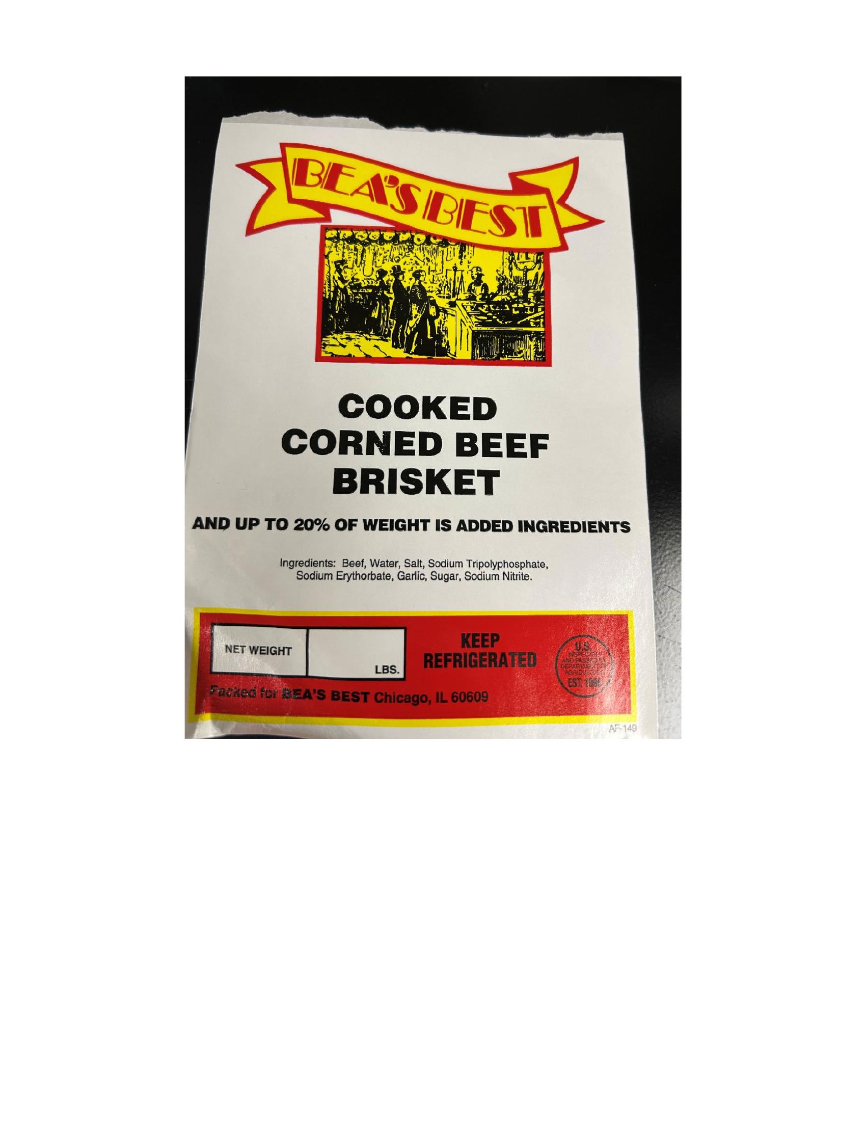 Product label for 10-lb. cardboard boxes containing 2- to 5-lb. pieces of “Midamar Premium Beef Pastrami” with case code “19410” printed on the box label.; Various weight 20- to 30-lb. cardboard boxes containing 2-3 pieces of “BEA’S BEST COOKED CORNED BEEF BRISKET” with case code “18919” printed on the box label.; Various weight 20- to 30-lb. cardboard boxes containing 2-3 pieces of “KIRSCH DELICATESSEN STYLE COOKED CORNED BEEF BRISKET” with case code “19751” printed on the box label. (page 2)