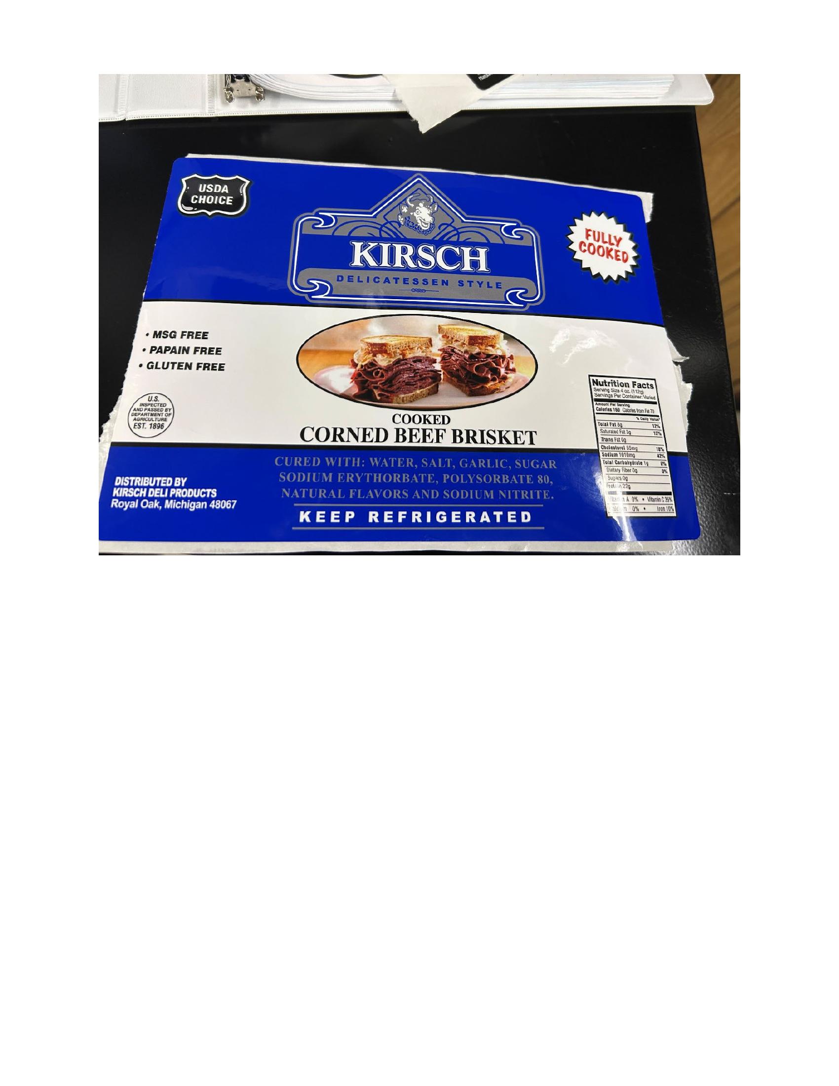 Product label for 10-lb. cardboard boxes containing 2- to 5-lb. pieces of “Midamar Premium Beef Pastrami” with case code “19410” printed on the box label.; Various weight 20- to 30-lb. cardboard boxes containing 2-3 pieces of “BEA’S BEST COOKED CORNED BEEF BRISKET” with case code “18919” printed on the box label.; Various weight 20- to 30-lb. cardboard boxes containing 2-3 pieces of “KIRSCH DELICATESSEN STYLE COOKED CORNED BEEF BRISKET” with case code “19751” printed on the box label. (page 3)