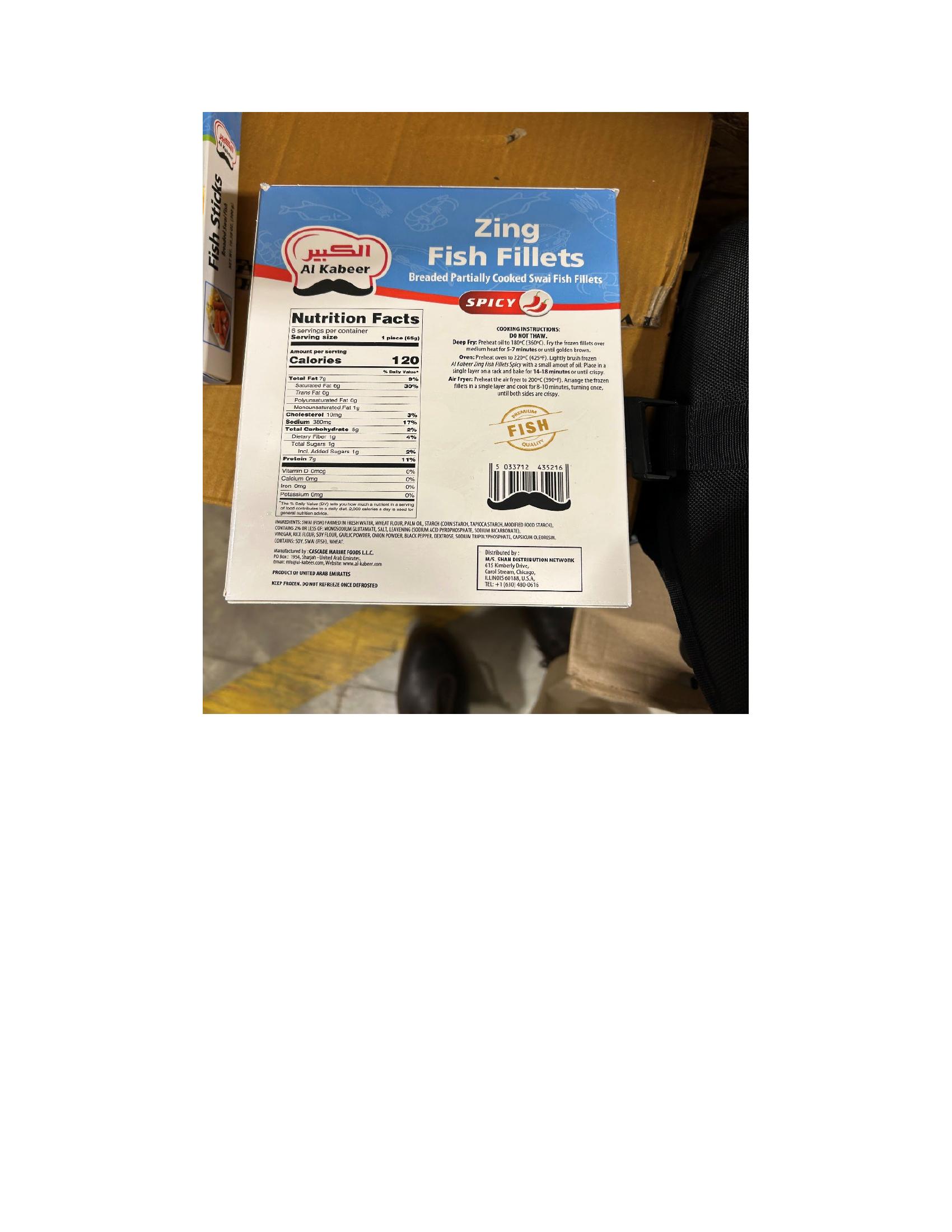 Product label for 13.75-oz. boxes containing Al Kabeer spicy “Zing Fish Fillets Breaded Partially Cooke"d Swai Fish Fillets”; 10.58-oz. boxes containing Al Kabeer “Fish Sticks Breaded Swai Fish"; 330-g boxes containing Al Kabeer “Breaded Fish Fillets” (page 2)