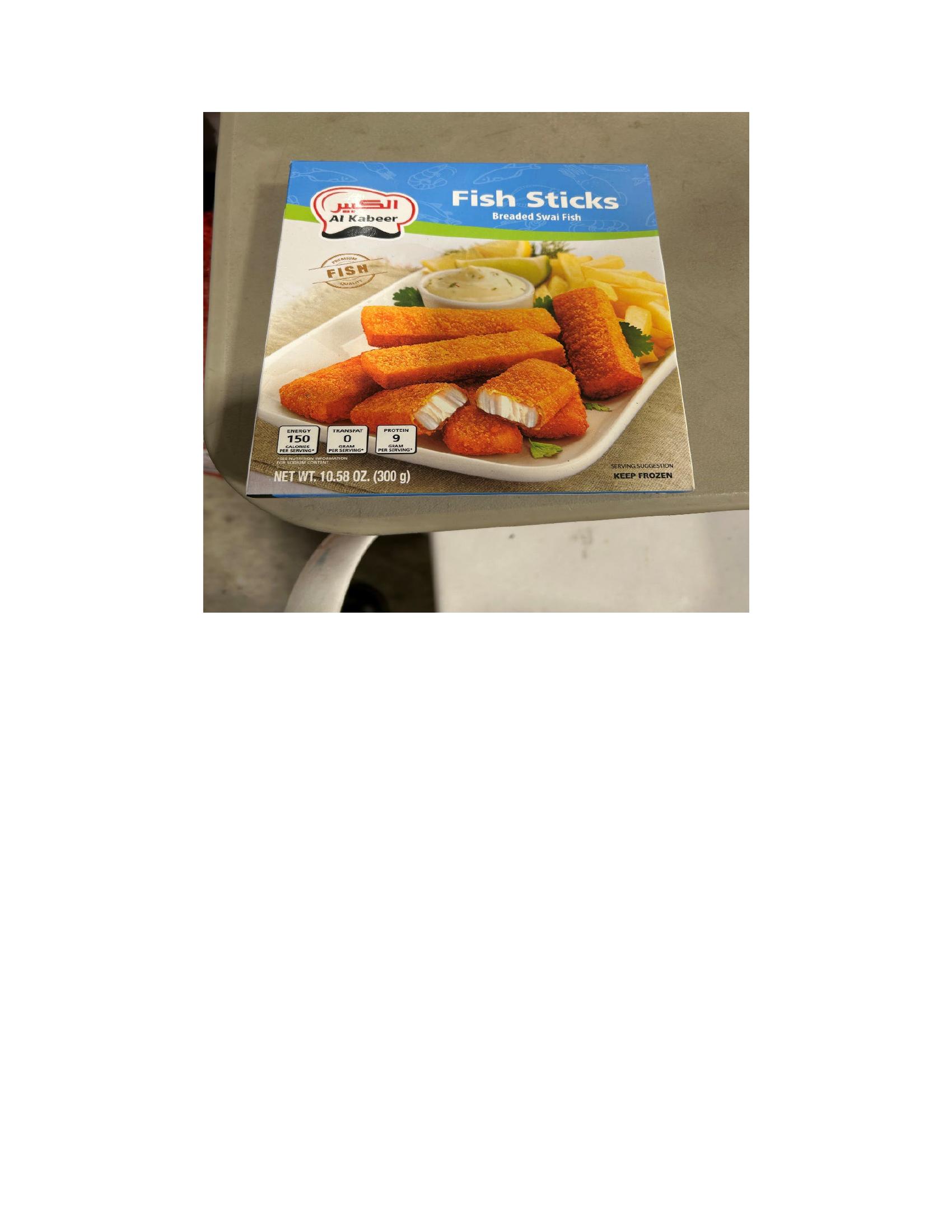 Product label for 13.75-oz. boxes containing Al Kabeer spicy “Zing Fish Fillets Breaded Partially Cooke"d Swai Fish Fillets”; 10.58-oz. boxes containing Al Kabeer “Fish Sticks Breaded Swai Fish"; 330-g boxes containing Al Kabeer “Breaded Fish Fillets” (page 4)