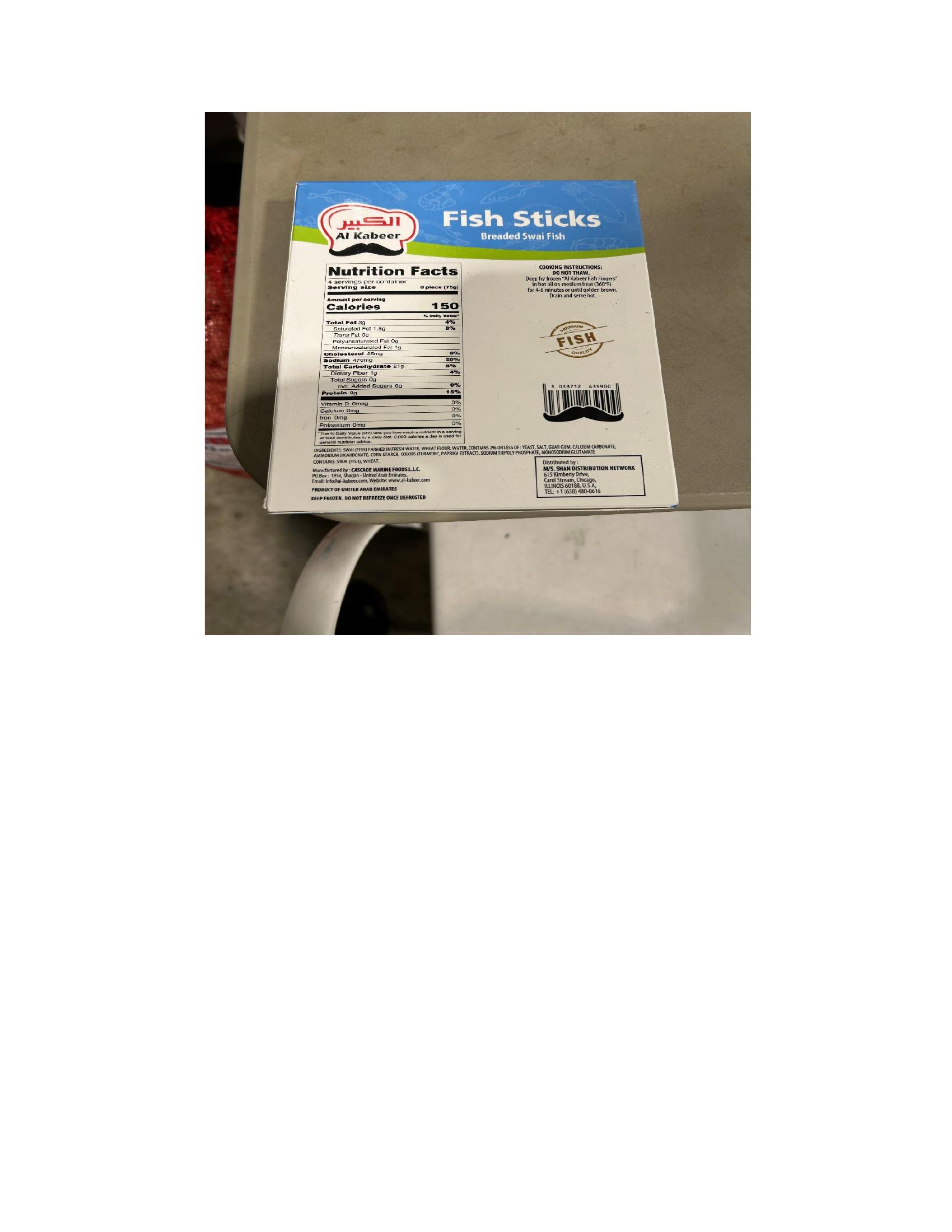 Product label for 13.75-oz. boxes containing Al Kabeer spicy “Zing Fish Fillets Breaded Partially Cooke"d Swai Fish Fillets”; 10.58-oz. boxes containing Al Kabeer “Fish Sticks Breaded Swai Fish"; 330-g boxes containing Al Kabeer “Breaded Fish Fillets” (page 5)