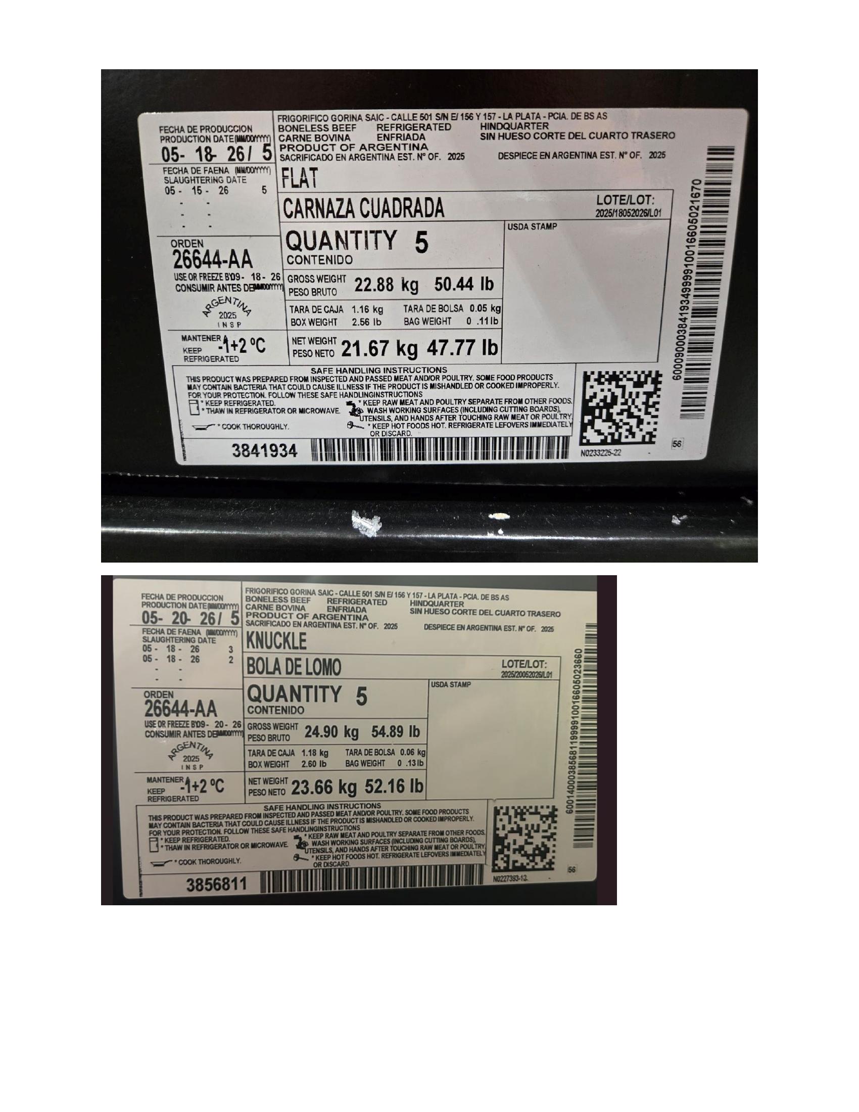 Product label for Various weight cardboard boxes containing “FRIGORIFICO GORINA SAIC” boneless beef “TOP SIRLOIN BUTT” (“CUADRIL SIN TAPA”); Various weight cardboard boxes containing “FRIGORIFICO GORINA SAIC” boneless beef “EYE ROUND” (“PECETO”); Various weight cardboard boxes containing “FRIGORIFICO GORINA SAIC” boneless beef “TOPSIDE CAP OFF” (“NALGA AD S/TAPA”); Various weight cardboard boxes containing “FRIGORIFICO GORINA SAIC” boneless beef “FLAT” (“CARNAZA CUADRADA”); Various weight cardboard boxes containing “FRIGORIFICO GORINA SAIC” boneless beef “KNUCKLE” (“BOLA DE LOMO”) (page 3)